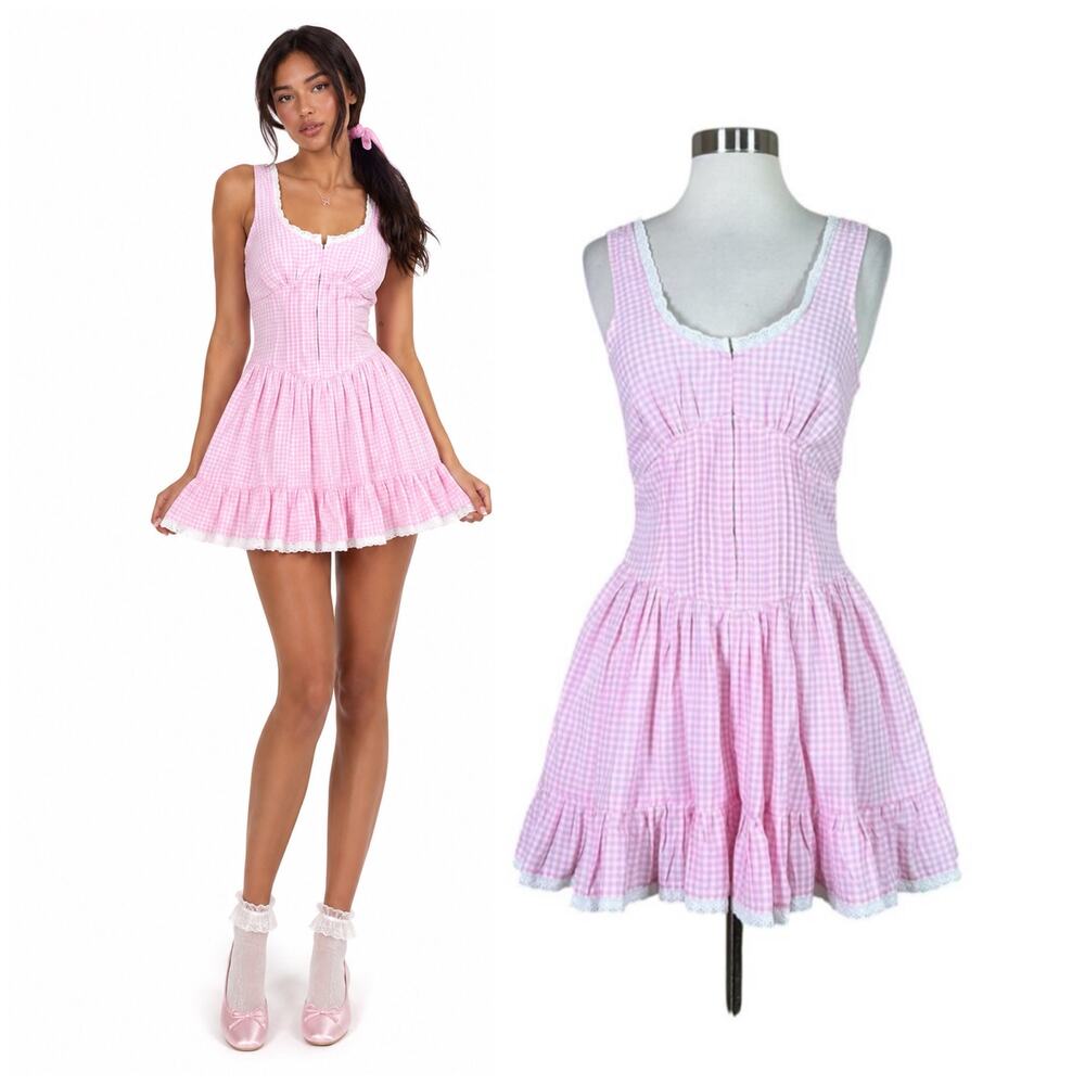 LoveShackFancy | Ceronne Gingham Plaid Pink White Corset Style Sexy Mini Dress 2